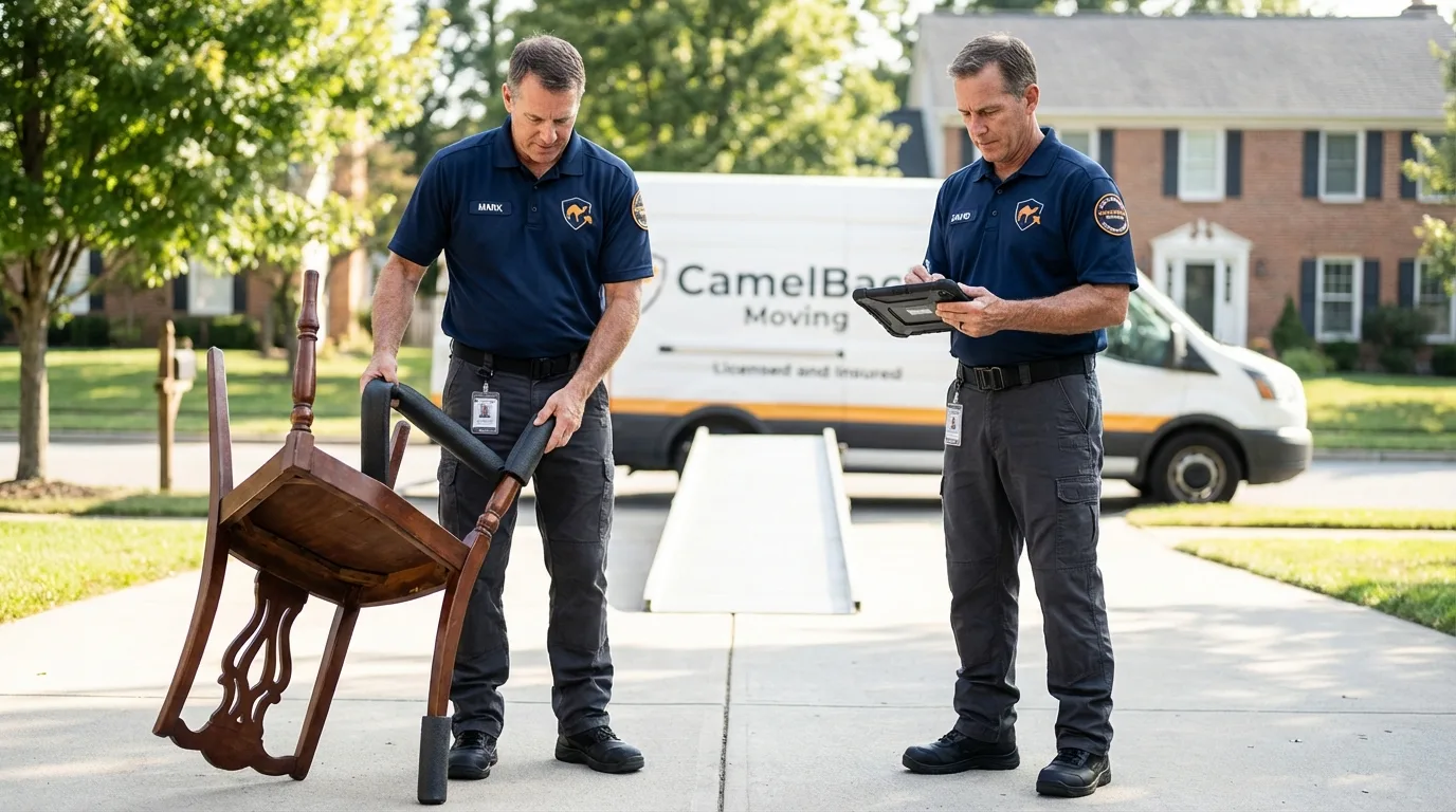 Movers inspecting furniture for damage prevention before loading in Sea Cliff, NY