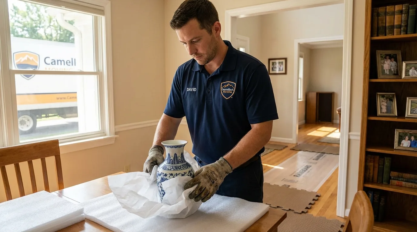 Professional crew carefully wrapping antique vase for senior downsizing move in Sea Cliff, NY